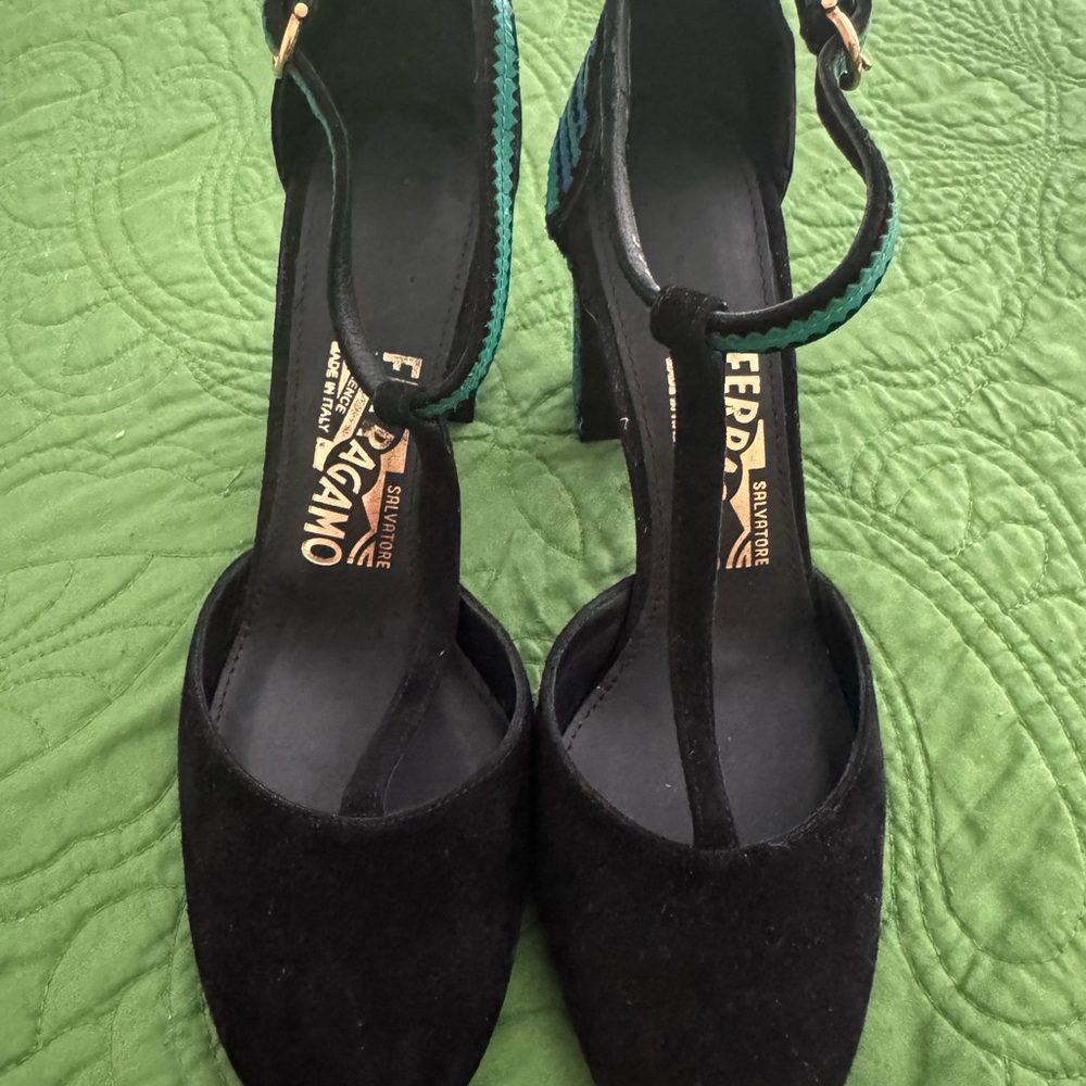 Salvatore Ferragamo Black and Teal Heels